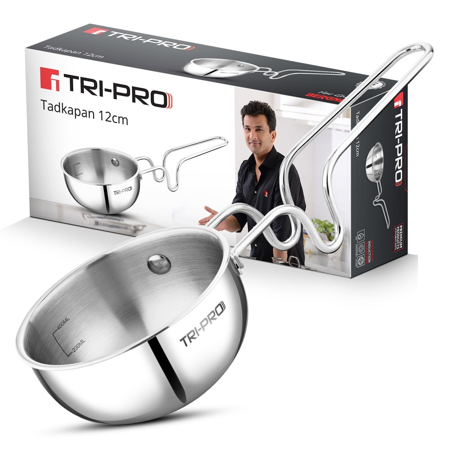 Bergner TriPro TriPly Stainless Steel 12cm Tadka Pan, 500ml Capacity